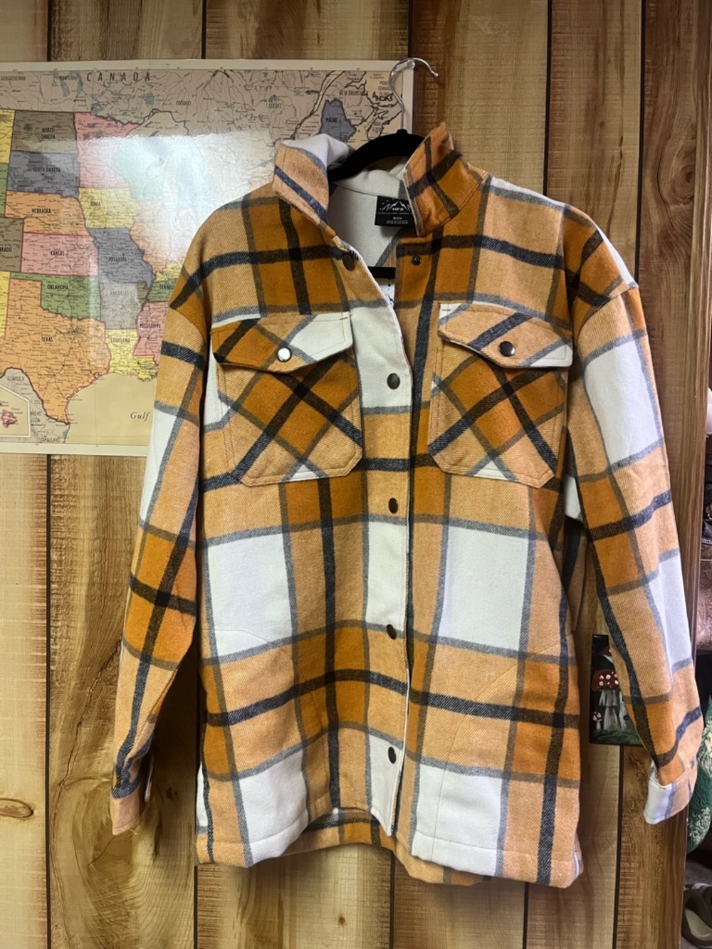 Womens Plaid Shacket Jacket - Orange & Cream